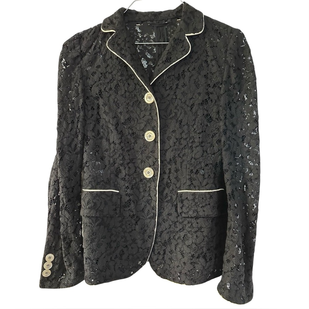 Gucci Black Lace Blazer with Contrast Ivory Piping Trim - Size 40